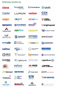 A grid of 45 telecom company logos, including Verizon, Charter, Cox Business, T-Mobile, Lumen, Astound, Brightspeed, Segra, Zayo, Uniti, Netceed, and others, under the heading “Telecom trusts us.”.