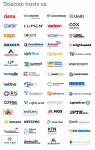 A collage of telecom company logos arranged in a grid pattern beneath the headline “Telecom trusts us.” Logos include Verizon, AT&T, Cox, Lumen, Zayo, T-Mobile, and over 40 additional brands.