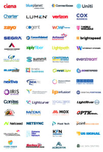 A grid of various telecommunications and technology company logos, each with distinct colors and fonts, displayed in rows on a white background.
