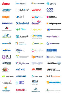A grid displaying 54 logos of various telecommunications and technology companies, each with distinct designs, fonts, and colors, arranged in six rows against a white background.
