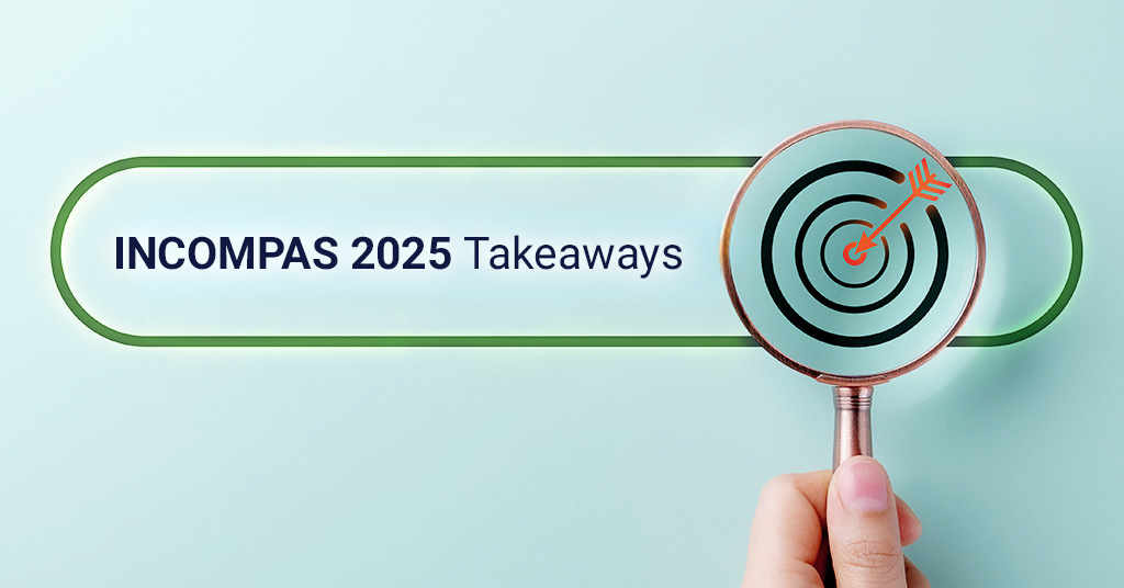 A hand holds a magnifying glass over a target with an arrow, alongside the text "INCOMPAS 2025 Takeaways".