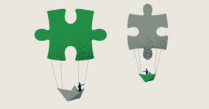 Two people ride in small paper boats suspended by ropes from large puzzle pieces, one green and one gray—an imaginative scene that suggests your 2026 marketing plan needs a reality check before setting sail.