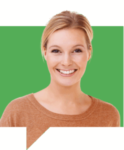 A woman with blonde hair, wearing a brown sweater, smiles at the camera. She is set against a green, speech-bubble-shaped background.