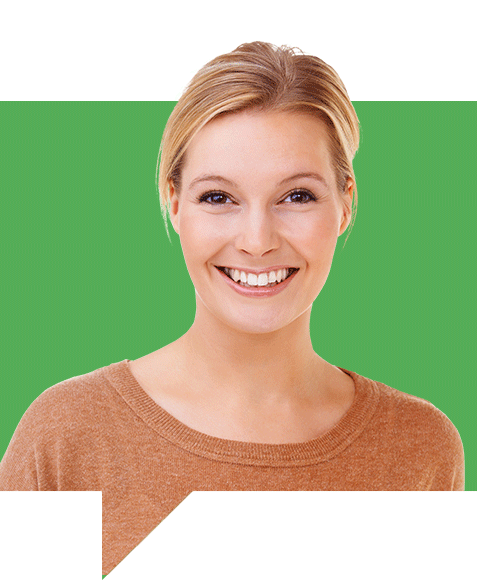 A woman with blonde hair, wearing a brown sweater, smiles at the camera. She is set against a green, speech-bubble-shaped background.