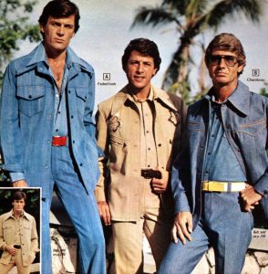 Three men in retro 70s denim outfits pose outdoors, embodying lead generation best practices with their cool confidence. Two wear blue denim, one lighter, and one sports tan. Hands rest in pockets or on a hip against a backdrop of palm trees. An inset shows another man in a similar tan outfit.