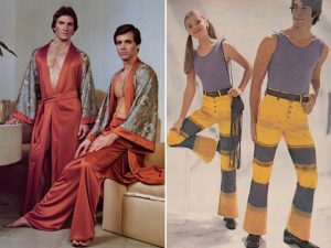 Left: Two men in a vintage fashion photo, one wearing a red robe and the other a patterned robe with red attire underneath. Right: A man and woman in 70s style posing; the man in a purple tank top and striped pants, the woman in similar pants holding a vest.