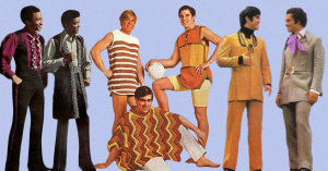 A group of six men in vintage 1960s outfits stand and sit against a light blue background, embodying the vibrant flair of that era. Dressed in colorful and patterned suits, vests, and tunics, they exude retro charm. One man holds a volleyball as if ready to craft an email marketing campaign.